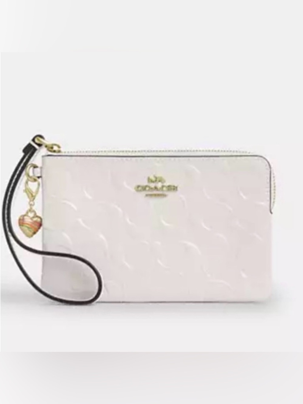 🌸 Coach NWT Chalk Corner Zip Wristlet In Signature Leather With Heart Charm